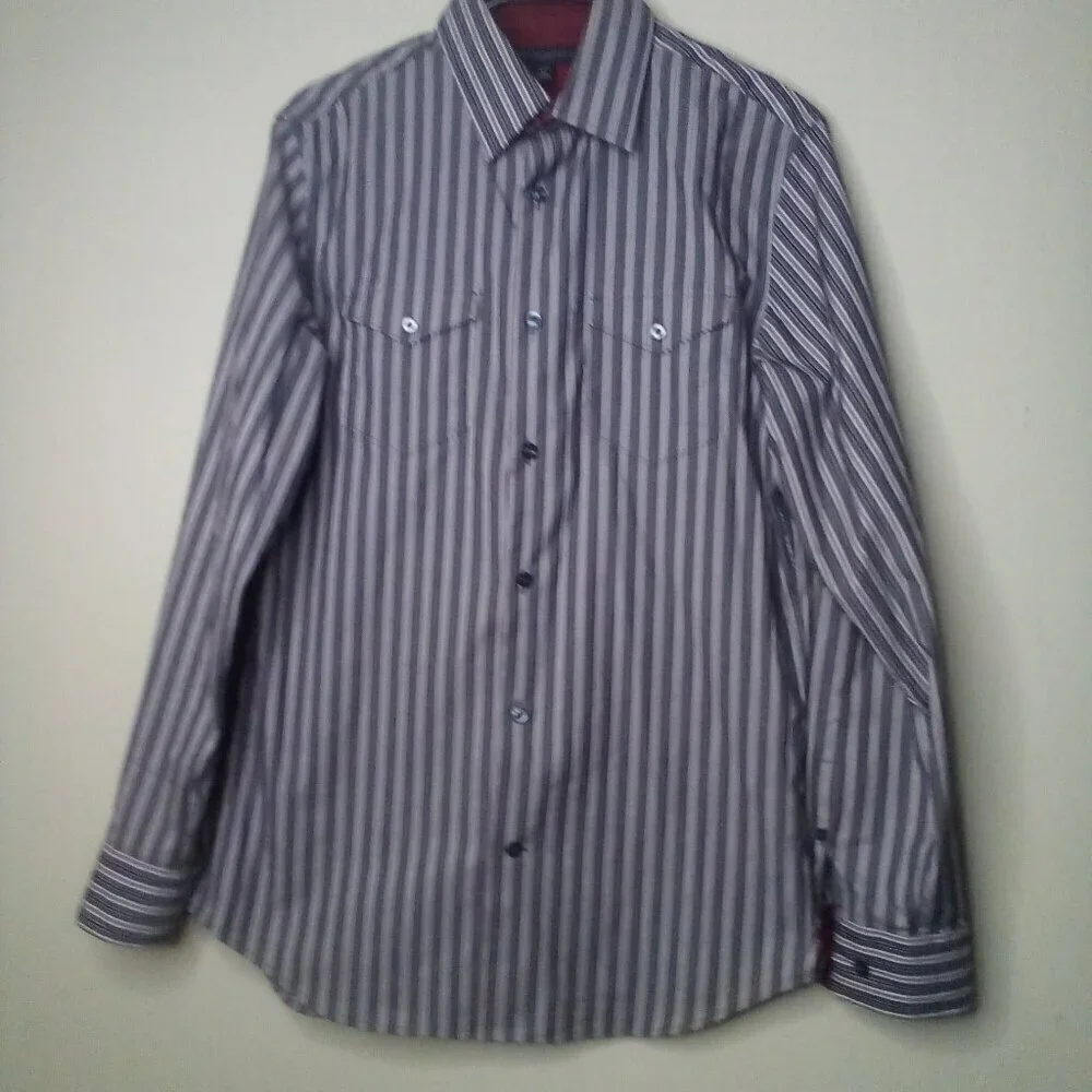 Banana Republic Shirt Men S 14 14 1/2 Slim Fit Button Up Pockets Stripe Gray Red